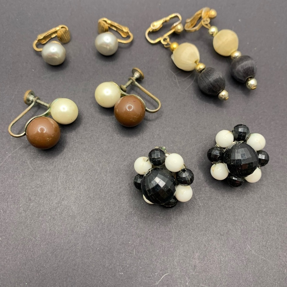 Lot of Four Vintage Beaded Clip On and Screw Back Earrings Black White Brown